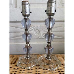 Vintage 60's Pair Small Table Lamps Purple Stacked Lucite Clear Glass